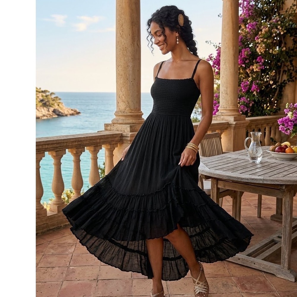 R.YIPOSHA Black Smocked Open Back Tiered Ruffle Maxi Dress Size L 12/14 Boho